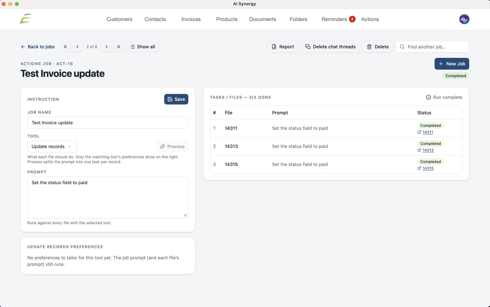 The Actions add-on running a bulk job that sets the status of several invoices to paid, each task marked completed