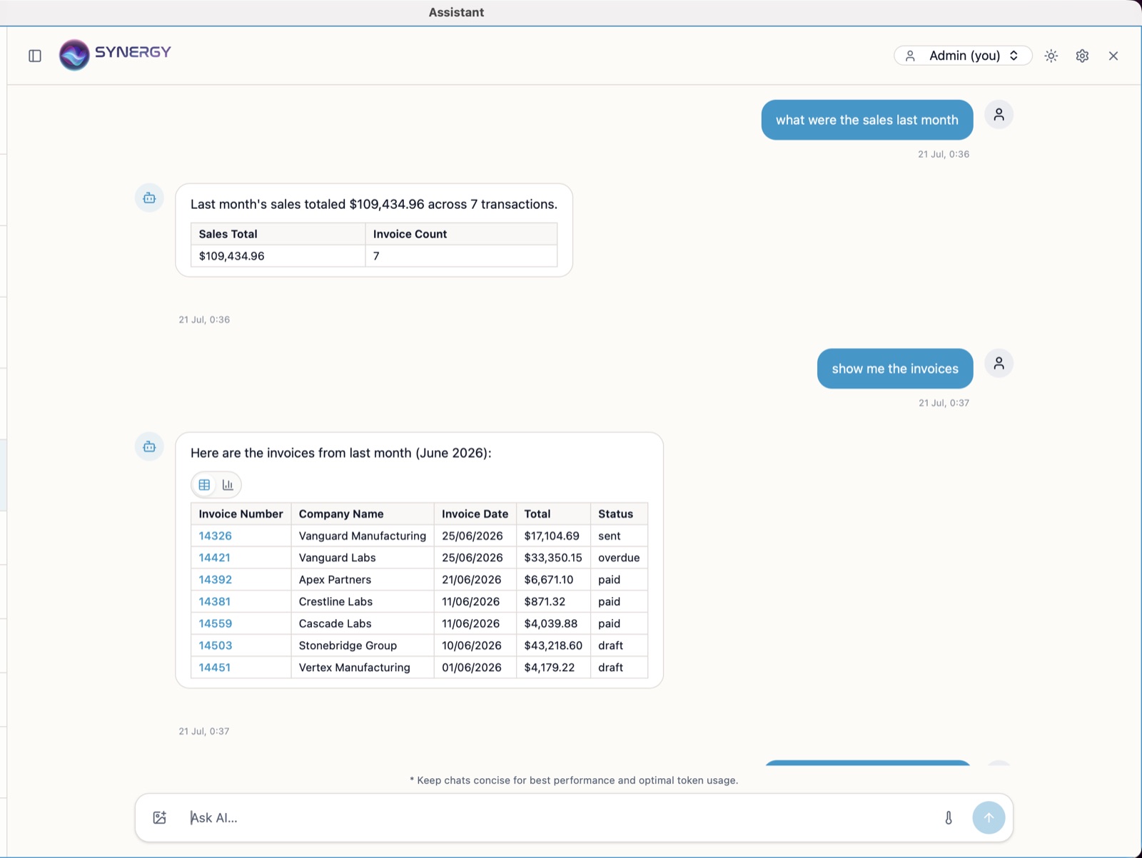 AI Synergy answering 'what were the sales last month' with a totals table, then listing the month's invoices as clickable records inside FileMaker