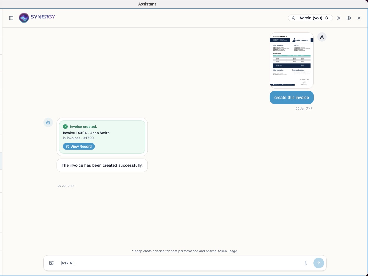 A user drops in an invoice image and asks AI Synergy to 'create this invoice'; it creates the record and shows a View Record link