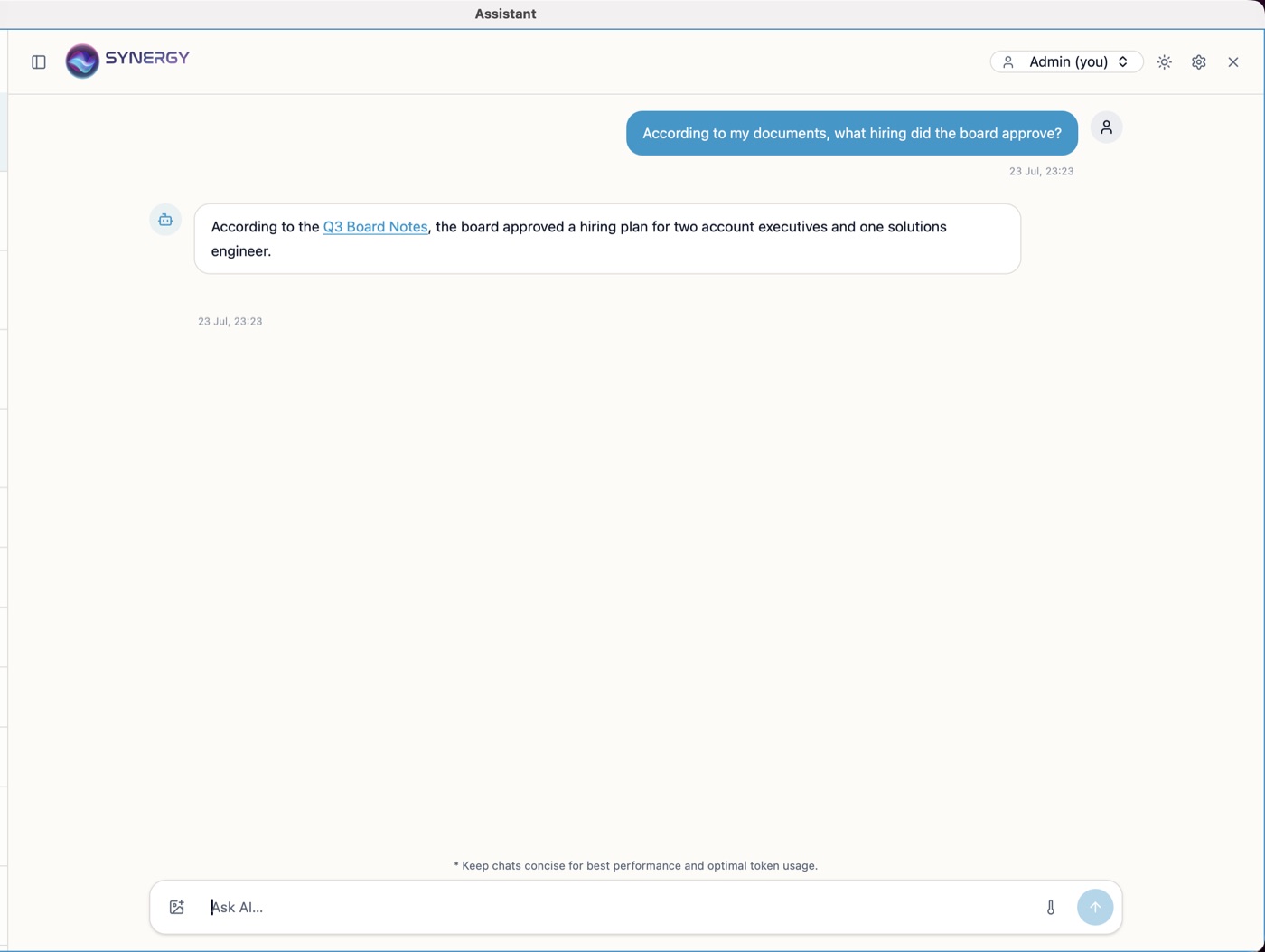 AI Synergy answering a question from uploaded documents and citing its source, the 'Q3 Board Notes' document