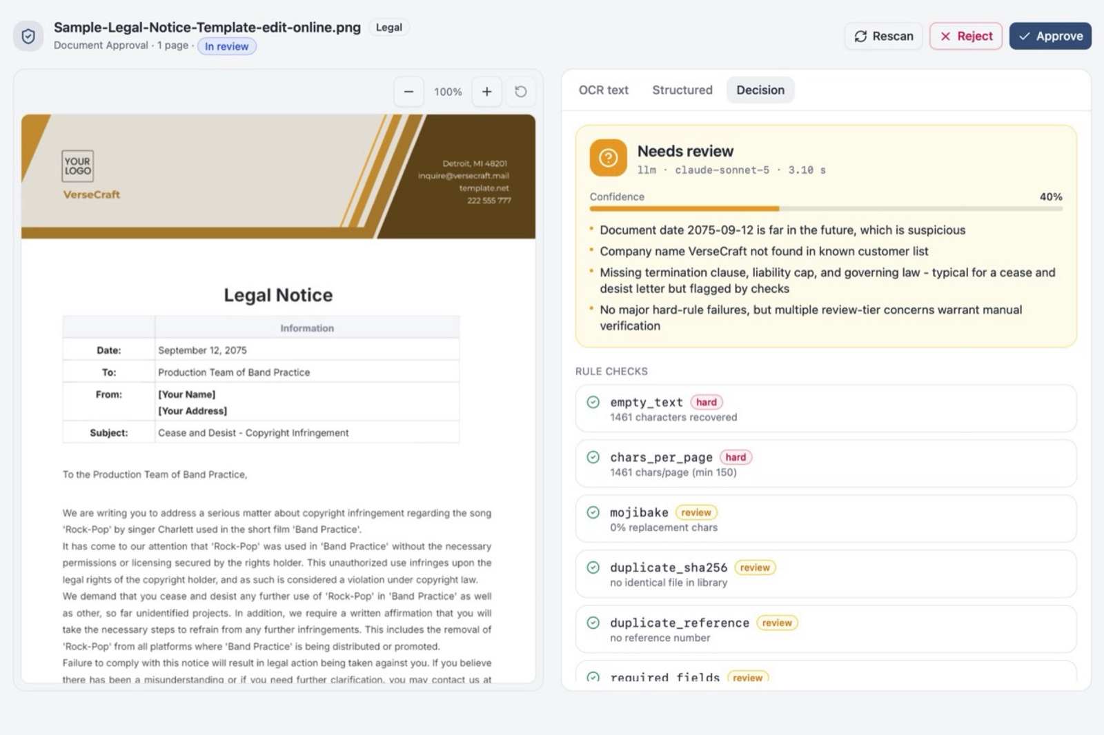 AI Synergy's document review screen: the document preview beside extracted OCR text, structured fields, a confidence score, rule checks and an approve or reject decision