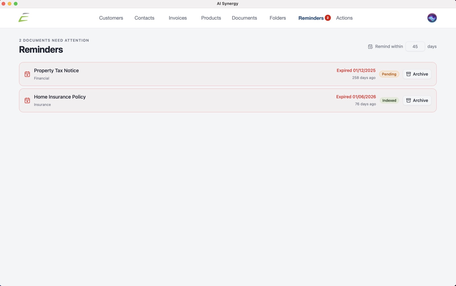 AI Synergy reminders view listing documents that need attention, with expired dates flagged and an archive action