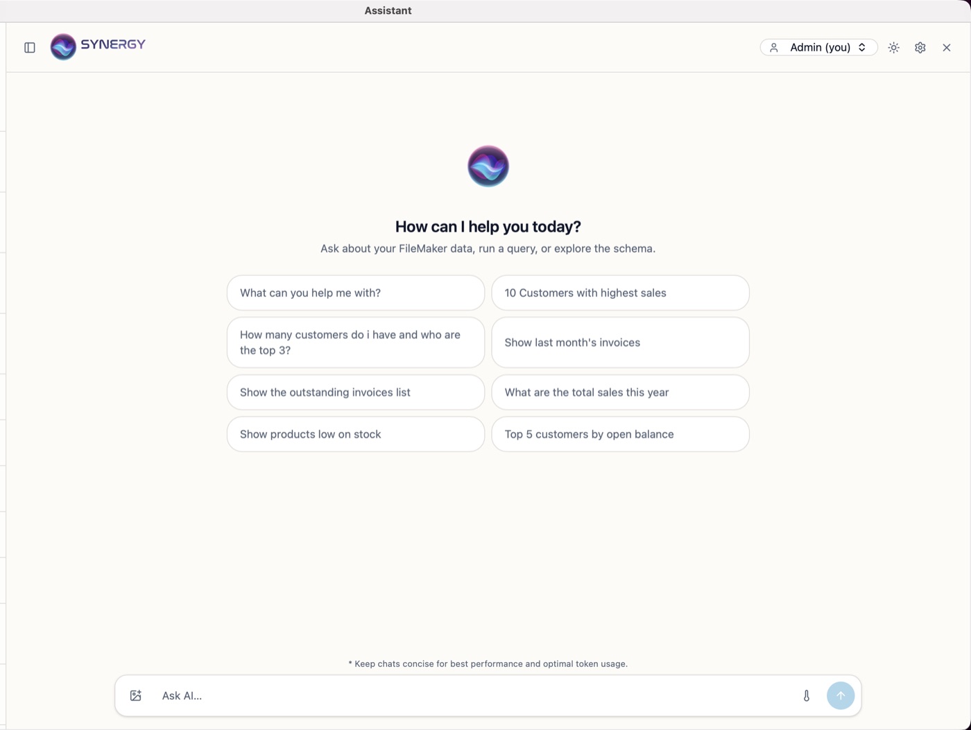 AI Synergy welcome screen with suggested questions such as 'Show last month's invoices' and 'Top 5 customers by open balance'